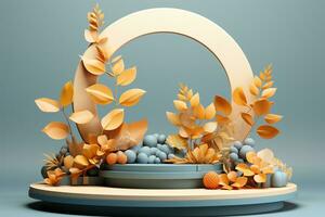 3D podium products display background with autumn leaves,mushrooms,animal on the left with copy space.Minimal background for products presentation.Created with Generative AI technology photo