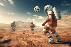 An astronauts playing football on planet.Created with Generative AI technology. photo
