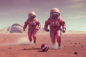 An astronauts playing football on planet.Created with Generative AI technology. photo