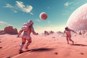 An astronauts playing football on planet.Created with Generative AI technology. photo