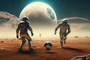 An astronauts playing football on planet.Created with Generative AI technology. photo