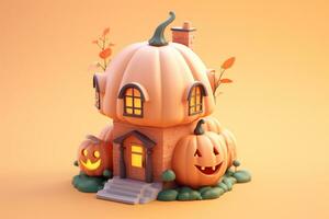 cute pumpkin shaped house on orange background.Halloween concept.created with Generative AI technology photo