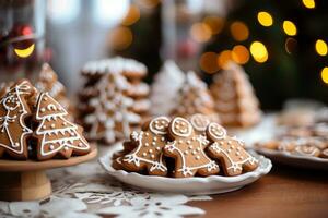 Close Up of many gingerbread christmas cookie on christmas dinner table. photo