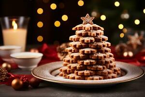 Close Up of many gingerbread christmas cookie on christmas dinner table. photo