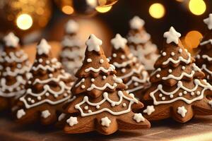 Close Up of many gingerbread christmas cookie on christmas dinner table. photo