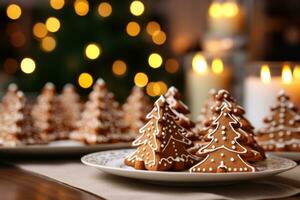 Close Up of many gingerbread christmas cookie on christmas dinner table. photo