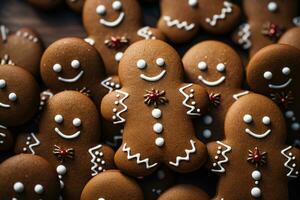 Close Up of many gingerbread christmas cookie on christmas dinner table. photo