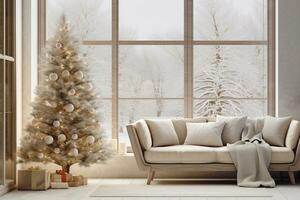 Cozy Christmas Living Room with Luxury Decor and Modern Elegance.Created with Generative AI technology. photo