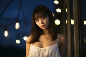 hermosa asiático niña en glamour y sensual vestir ai generativo foto