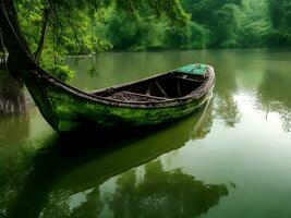 antiguo hundido de madera barco en un estanque en bangladesh ai generado foto