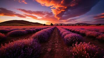 puesta de sol terminado interminable lavanda campos. creado con generativo ai foto