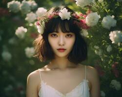 Beautiful asian girl in flower garden AI Generative photo