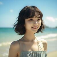 Beautiful asian girl enjoying summer in the beach AI Generative photo