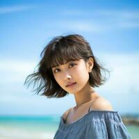 Beautiful asian girl enjoying summer in the beach AI Generative photo