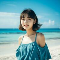 Beautiful asian girl enjoying summer in the beach AI Generative photo