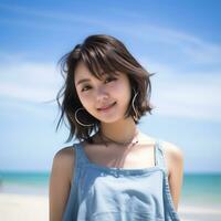 Beautiful asian girl enjoying summer in the beach AI Generative photo