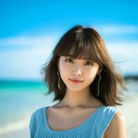 Beautiful asian girl enjoying summer in the beach AI Generative photo