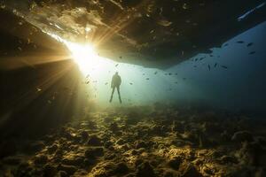 Free diver exploring a shipwreck AI Generative photo