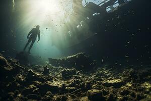 Free diver exploring a shipwreck AI Generative photo