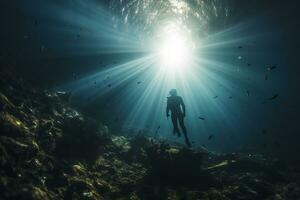 Free diver exploring a shipwreck AI Generative photo