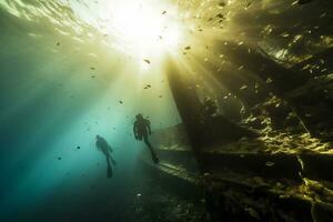 Free diver exploring a shipwreck AI Generative photo