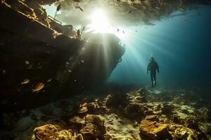 Free diver exploring a shipwreck AI Generative photo