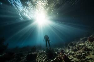 Free diver exploring a shipwreck AI Generative photo