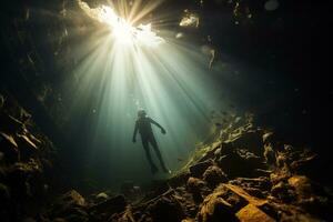 Free diver exploring a shipwreck AI Generative photo