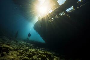 Free diver exploring a shipwreck AI Generative photo