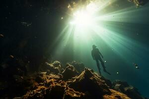 Free diver exploring a shipwreck AI Generative photo