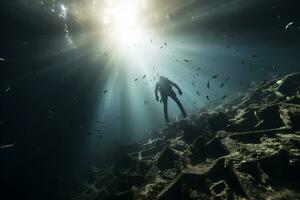 Free diver exploring a shipwreck AI Generative photo