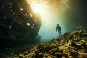 Free diver exploring a shipwreck AI Generative photo