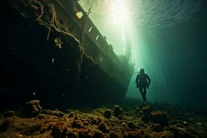 Free diver exploring a shipwreck AI Generative photo