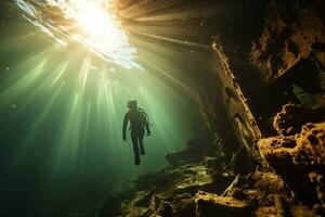 Free diver exploring a shipwreck AI Generative photo