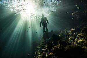 Free diver exploring a shipwreck AI Generative photo