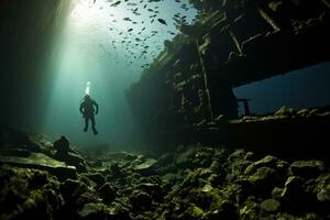 Free diver exploring a shipwreck AI Generative photo