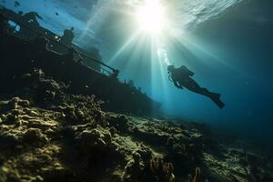 Free diver exploring a shipwreck AI Generative photo