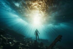 Free diver exploring a shipwreck AI Generative photo