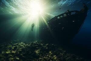 Free diver exploring a shipwreck AI Generative photo