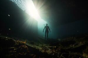 Free diver exploring a shipwreck AI Generative photo