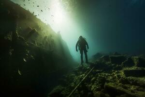 Free diver exploring a shipwreck AI Generative photo