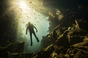 Free diver exploring a shipwreck AI Generative photo