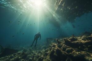 Free diver exploring a shipwreck AI Generative photo