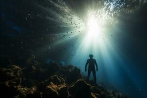 Free diver exploring a shipwreck AI Generative photo