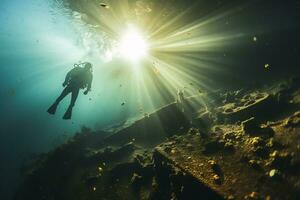 Free diver exploring a shipwreck AI Generative photo