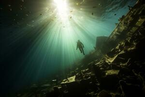 Free diver exploring a shipwreck AI Generative photo