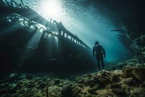 Free diver exploring a shipwreck AI Generative photo