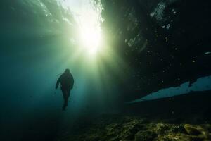 Free diver exploring a shipwreck AI Generative photo