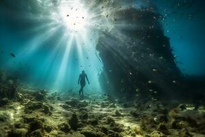 Free diver exploring a shipwreck AI Generative photo