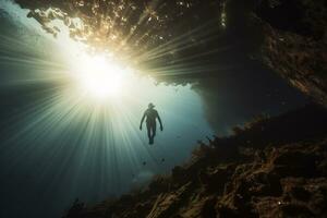 Free diver exploring a shipwreck AI Generative photo